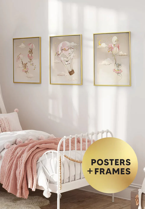 Set Of 3 Posters Air Balloon Real Gold + 3 Gold Metallic Frames 50x70cm