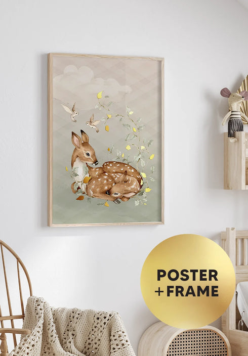 Poster Forest Deer Real Gold + Natural Oak Frame 50x70cm