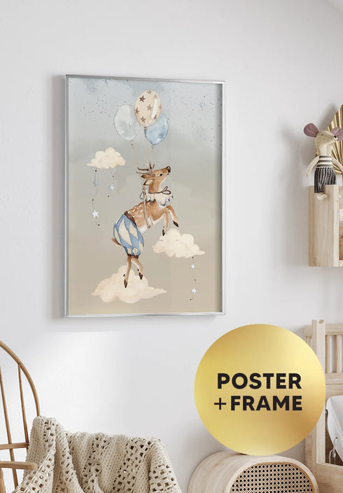 Poster Flying Deer Real Silver + Silver Metallic Frame 50x70cm