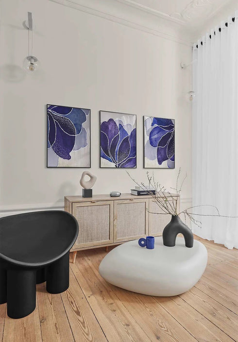 Navy Lotus Real Silver Set Of 3 Posters 50x70cm