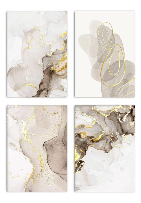 Beige Brown Paint Real Gold Set Of 4 Posters 50x70cm