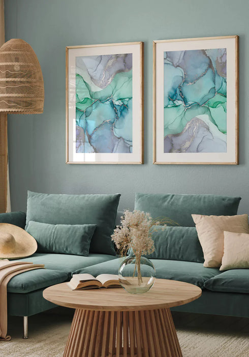 Aquarellblaues Echtsilber-Set mit 2 Postern im Format 50 x 70 cm