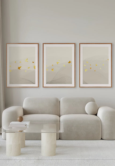 Creme Butterflies Real Gold Set Of 3 Posters 50x70cm