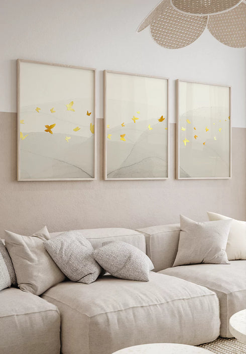 Creme Butterflies Real Gold Set Of 3 Posters 50x70cm