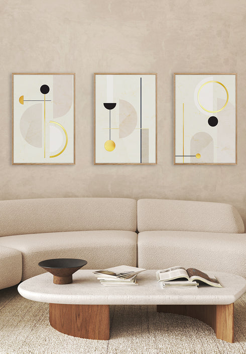 Creme Geometric Art Real Gold Set Of 3 Posters 50x70cm