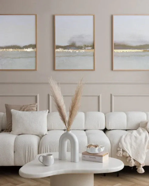 Set Of 3 Posters Creme Abstract Line Real Gold + 3 Natural Oak Frames 50x70cm