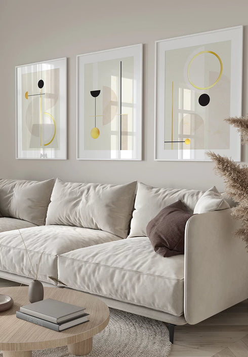 Creme Geometric Art Real Gold Set Of 3 Posters 50x70cm