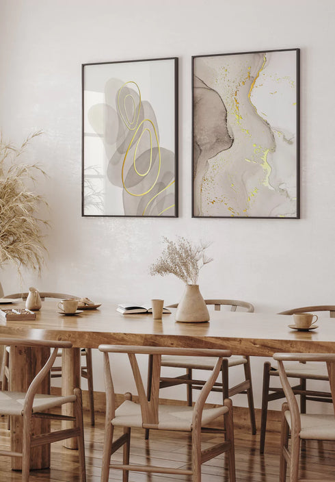 Grey Beige Pattern Real Gold Set Of 2 Posters 50x70cm