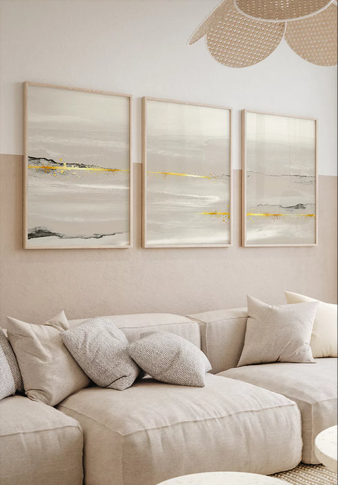 Beige Landscape Real Gold Set Of 3 Posters 50x70cm