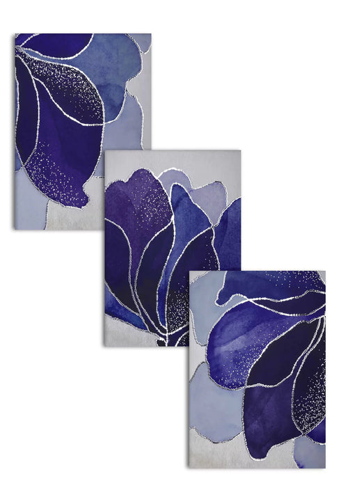 Navy Lotus Real Silver Set Of 3 Posters 50x70cm