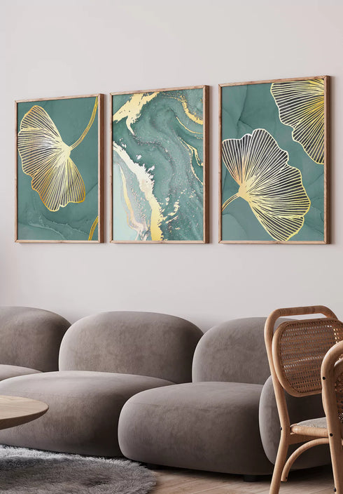 Mint Ginko Real Gold Set Of 3 Posters 50x70cm