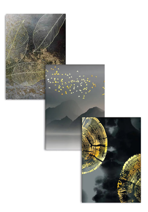Moody Leaves Real Gold Set Of 3 Posters 50x70cm