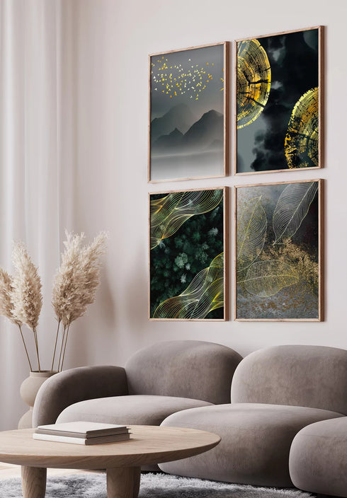 Mountain Birds Real Gold Set Of 4 Posters 50x70cm