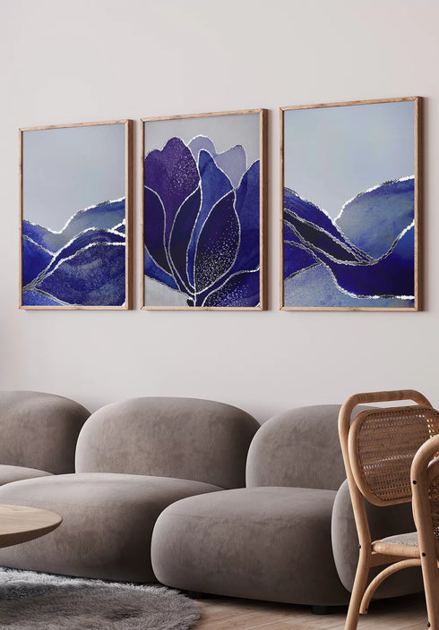 Oceano Blu Notte Argento Reale Set di 3 Poster 50x70cm