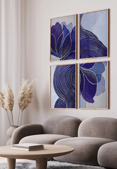 Loto Blu Reale Set di 4 Poster in Argento 50x70cm