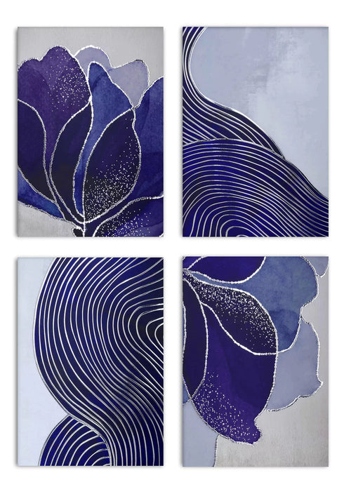 Loto Blu Reale Set di 4 Poster in Argento 50x70cm