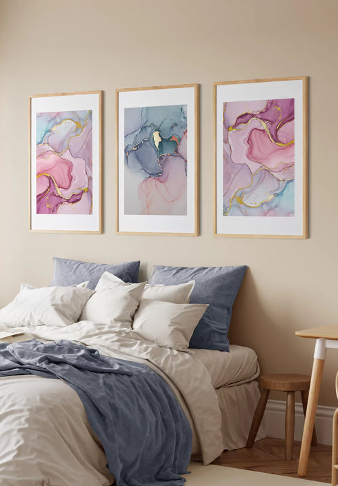 Watercolor Pink Pastel Real Gold Set Of 3 Posters 50x70cm