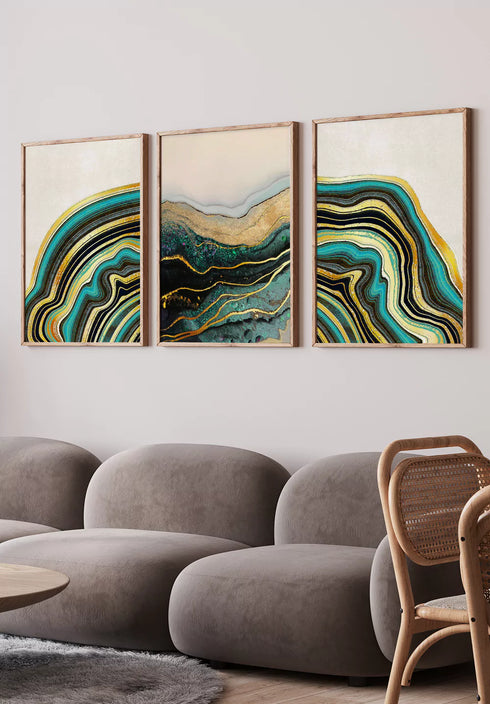 Turquoise Agate Real Gold Set Of 3 Posters 50x70cm