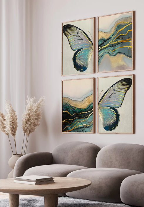 Turquoise Paint Stroke Real Gold Set Of 4 Posters 50x70cm