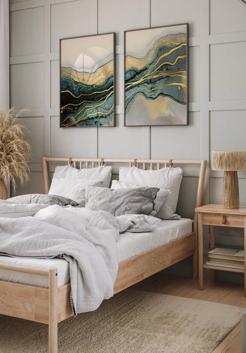 Turquoise Paint Stroke Real Gold Set Of 2 Posters 50x70cm