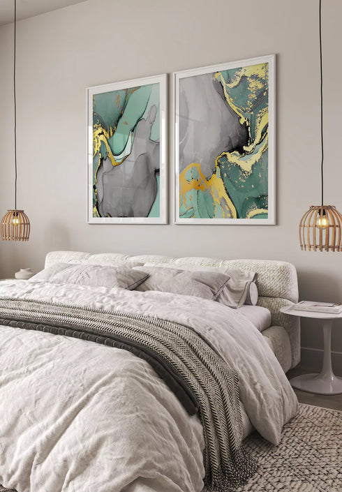 Turquoise Watercolor Real Gold Set Of 2 Posters 50x70cm