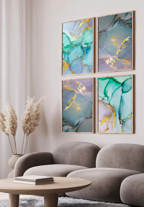 Watercolor Blue Real Gold Set Of 4 Posters 50x70cm