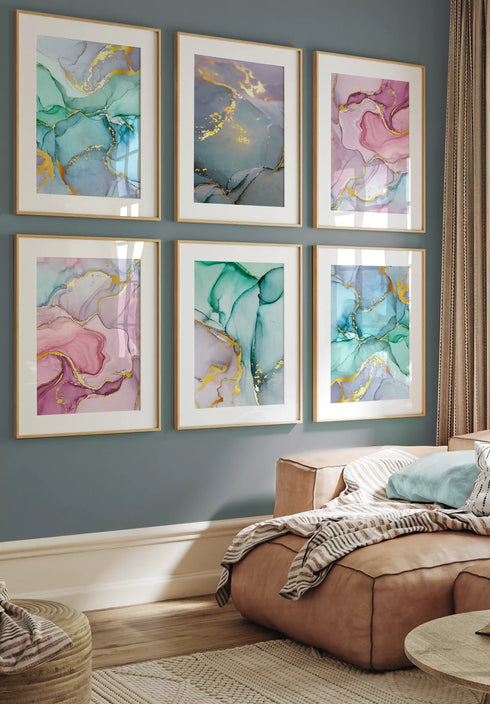 Watercolor Blue Real Gold Set Of 6 Posters 50x70cm