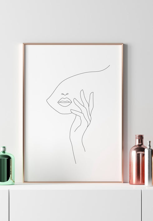 black and white hand on face line art poster