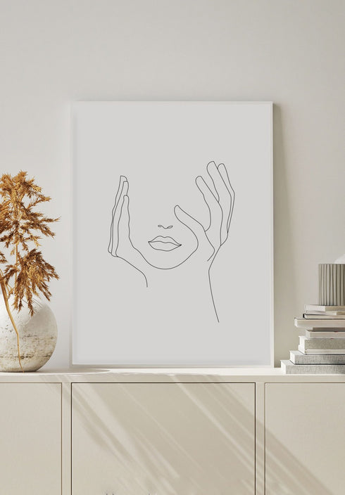white and black hands on face line art poster