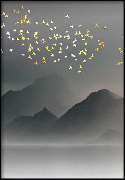 Mountain Birds Real Gold Poster 50x70cm