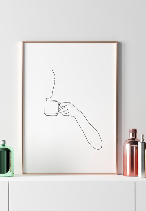 black and white woman with coffee line art poster